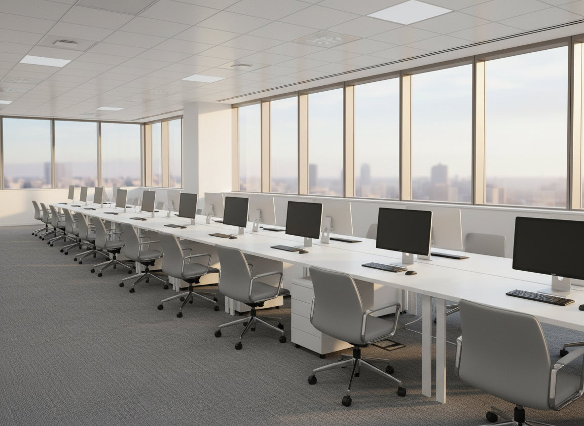 A freshly cleaned, open-plan office space with pristine white desks, perfectly aligned ergonomic chairs, and dust-free computer monitors, all arranged in tidy rows. The floor is a flawless, low-pile gray carpet with visible vacuum lines, and the large floor-to-ceiling windows reveal a soft city skyline in the distance. Late afternoon natural light fills the room, enhanced by discreet recessed ceiling lights, giving a bright yet calm atmosphere. Shot from a slightly elevated angle with photographic realism, the composition showcases depth and order, emphasizing a hygienic, productive workspace maintained by meticulous commercial cleaning.