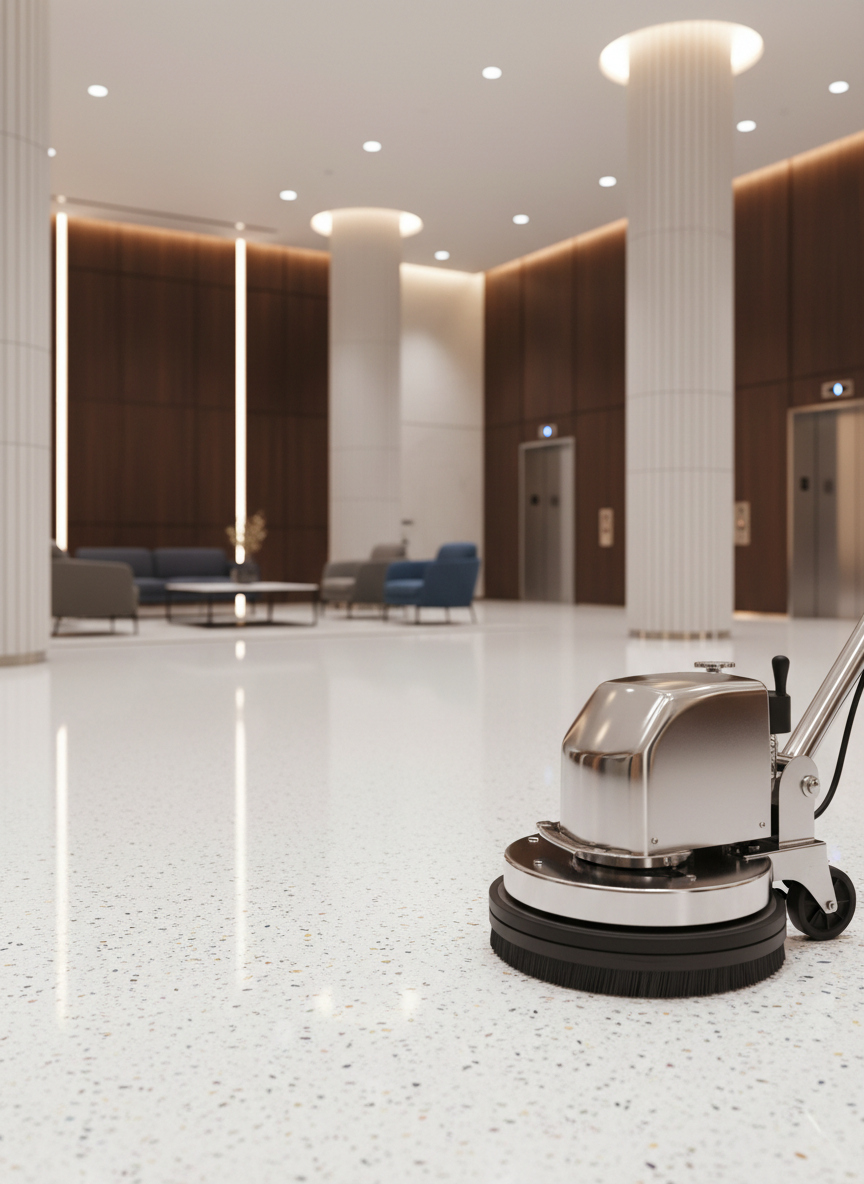 A shining commercial floor buffer in mid-rest position on a perfectly polished terrazzo office lobby floor, its metal housing and control handles gleaming and spotless. The floor exhibits a flawless, high-gloss finish with subtle reflections of nearby columns and wall panels. In the background, blurred contemporary furniture and a distant elevator bank hint at a modern corporate building. Overhead recessed lighting provides bright, even illumination that accentuates the floor’s smooth texture. Photographic realism with a slightly low-angle, close-up composition focuses attention on the machine and the immaculate surface, evoking expertise, efficiency, and advanced commercial cleaning techniques.