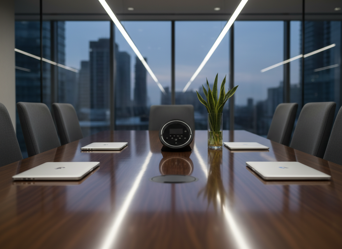 A close-up view of a glossy, freshly disinfected boardroom table made of dark walnut wood, its surface reflecting ceiling lights with mirror-like clarity. On the table, a neatly arranged set of closed laptops, a central conference phone, and a single vase with a minimalist green plant sit perfectly aligned. The surrounding high-backed chairs are spotless, their fabric unblemished. Soft overhead LED lighting casts clean, crisp highlights across the polished wood, while the background glass walls fade into a gentle blur. Photographic realism at a shallow depth of field creates a sophisticated, professional mood that highlights meticulous commercial cleaning and attention to detail.