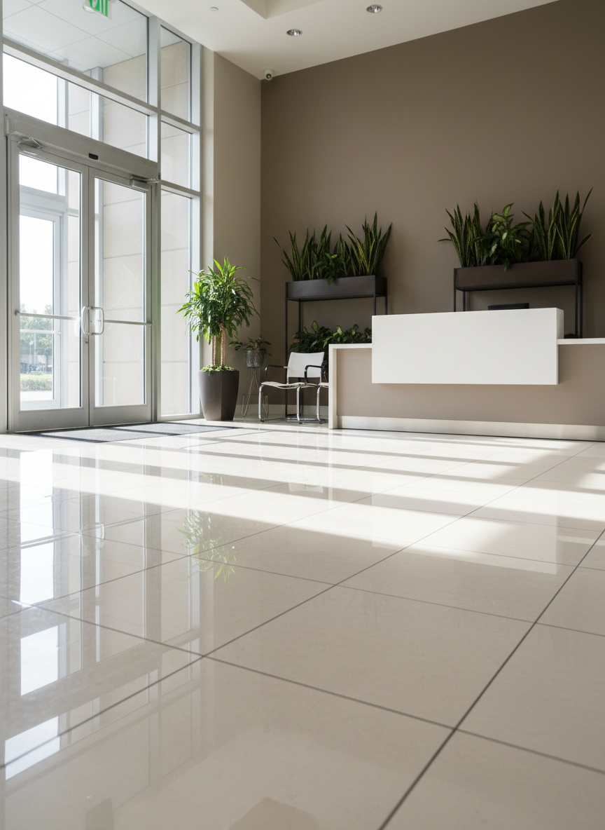 A bright, immaculate commercial lobby featuring a high-gloss porcelain tile floor, freshly mopped and buffed to a mirror finish, leading toward a sleek, minimalist reception desk. The walls are painted in soft neutral tones, complemented by modern metal-framed planters with healthy green foliage. Natural daylight floods in through tall glass entrance doors, creating long, elegant reflections and subtle shadows across the floor. Captured in photographic realism from a low-angle perspective to emphasize the shine and spaciousness, the composition conveys a welcoming, professional atmosphere and the impact of expert commercial cleaning in high-traffic entrances.
