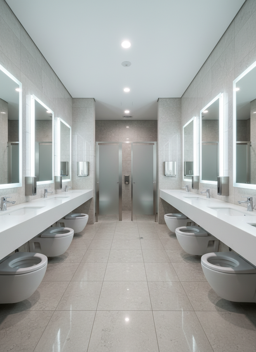 A spotless commercial restroom with large, light gray stone tiles, sparkling chrome fixtures, and impeccably clean white porcelain sinks and toilets, each surface free of water spots or smudges. A row of framed, backlit mirrors reflects the orderly space, while touchless soap dispensers and hand dryers gleam under cool, even LED lighting. The floor shows clear, straight mop lines leading toward the exit. Shot at eye level with photographic realism and sharp focus throughout, the image conveys a hygienic, trustworthy environment, highlighting the thoroughness of professional commercial cleaning in sensitive, high-use areas.