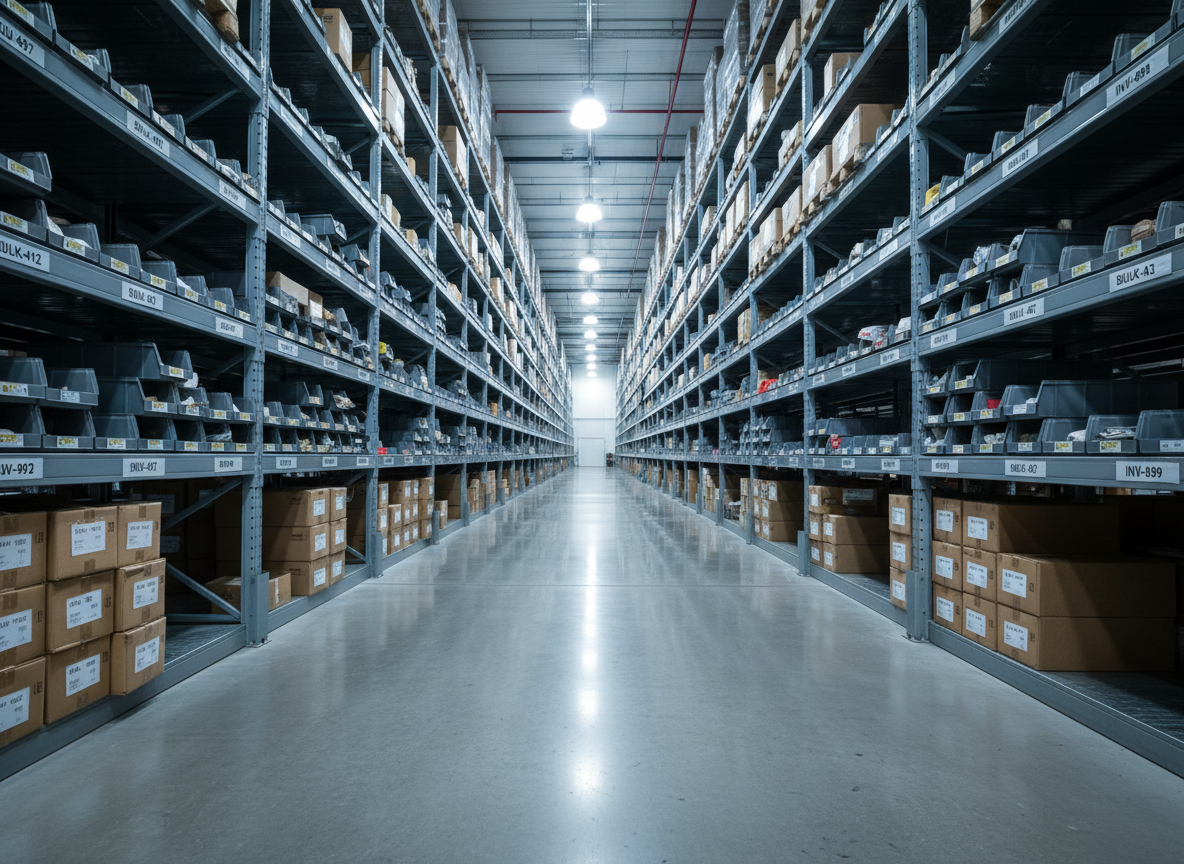A polished industrial warehouse aisle with spotless, sealed concrete floors and dust-free metal shelving stretching into the distance, each rack neatly labeled and organized. High-bay LED lights overhead cast crisp, even illumination, creating subtle reflections on the clean floor and gentle shadows beneath the shelving. No debris or clutter interrupts the straight pathway, emphasizing order and safety. Captured in photographic realism from a low, central perspective down the aisle, the composition highlights depth and symmetry, showcasing the effectiveness of specialized commercial cleaning in large, heavy-duty environments.