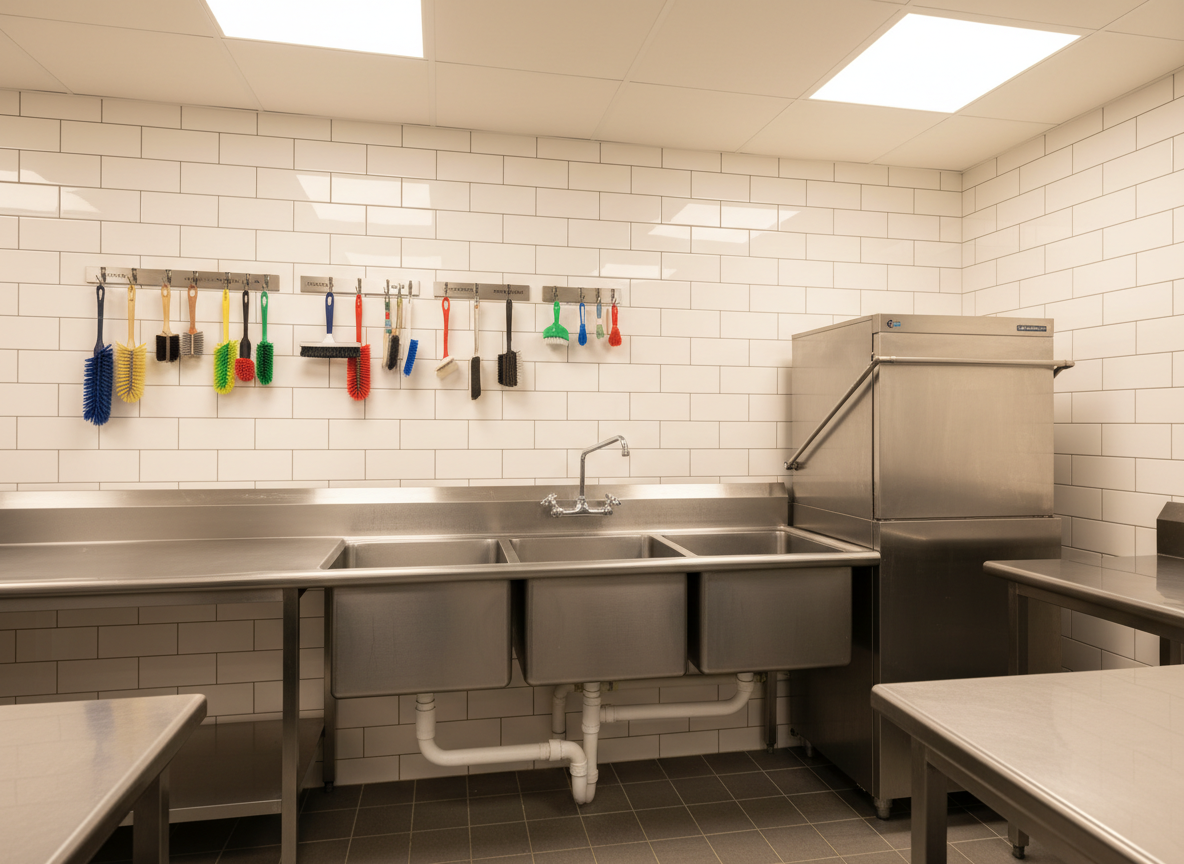 A pristine restaurant back-of-house cleaning area, featuring a stainless-steel triple sink, gleaming metal countertops, and spotless white subway tile walls. The industrial dishwasher’s exterior shines without fingerprints, and color-coded cleaning tools hang neatly on a labeled wall rack. Warm yet bright overhead task lighting reflects softly off the metal surfaces, revealing a hygienic, organized space free from grease or food residue. Photographic realism at a medium-wide angle frames the scene with balanced composition, communicating strict cleanliness standards and the reliability of professional commercial kitchen cleaning services.