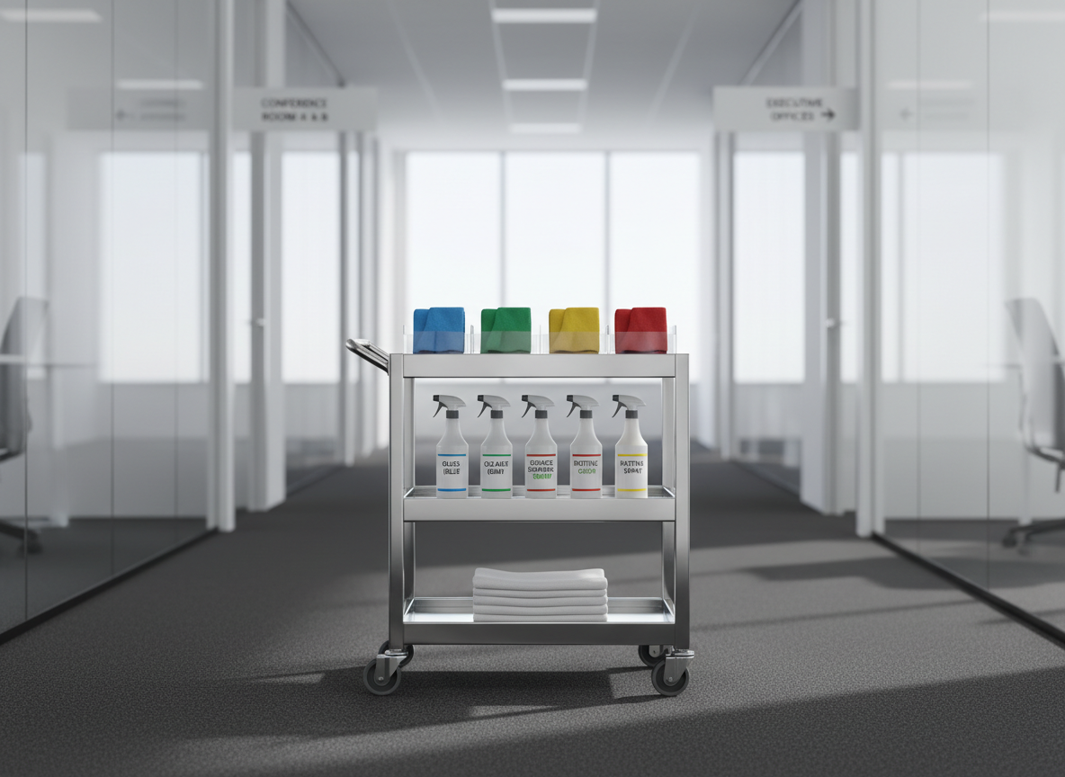 A gleaming stainless-steel commercial cleaning cart neatly organized with color-coded microfiber cloths, labeled spray bottles, and stacked white towels, parked in the middle of a spotless modern office corridor. The corridor features glass partition walls, a matte charcoal carpet, and minimalist signage leading to conference rooms. Soft, diffused daylight pours in from large windows at the far end, creating gentle reflections on the polished metal surfaces and subtle shadows along the floor. Photographic realism at eye level, with sharp focus on the cart and a slightly blurred background, conveys professionalism, precision, and trustworthiness in a clean, modern corporate environment.