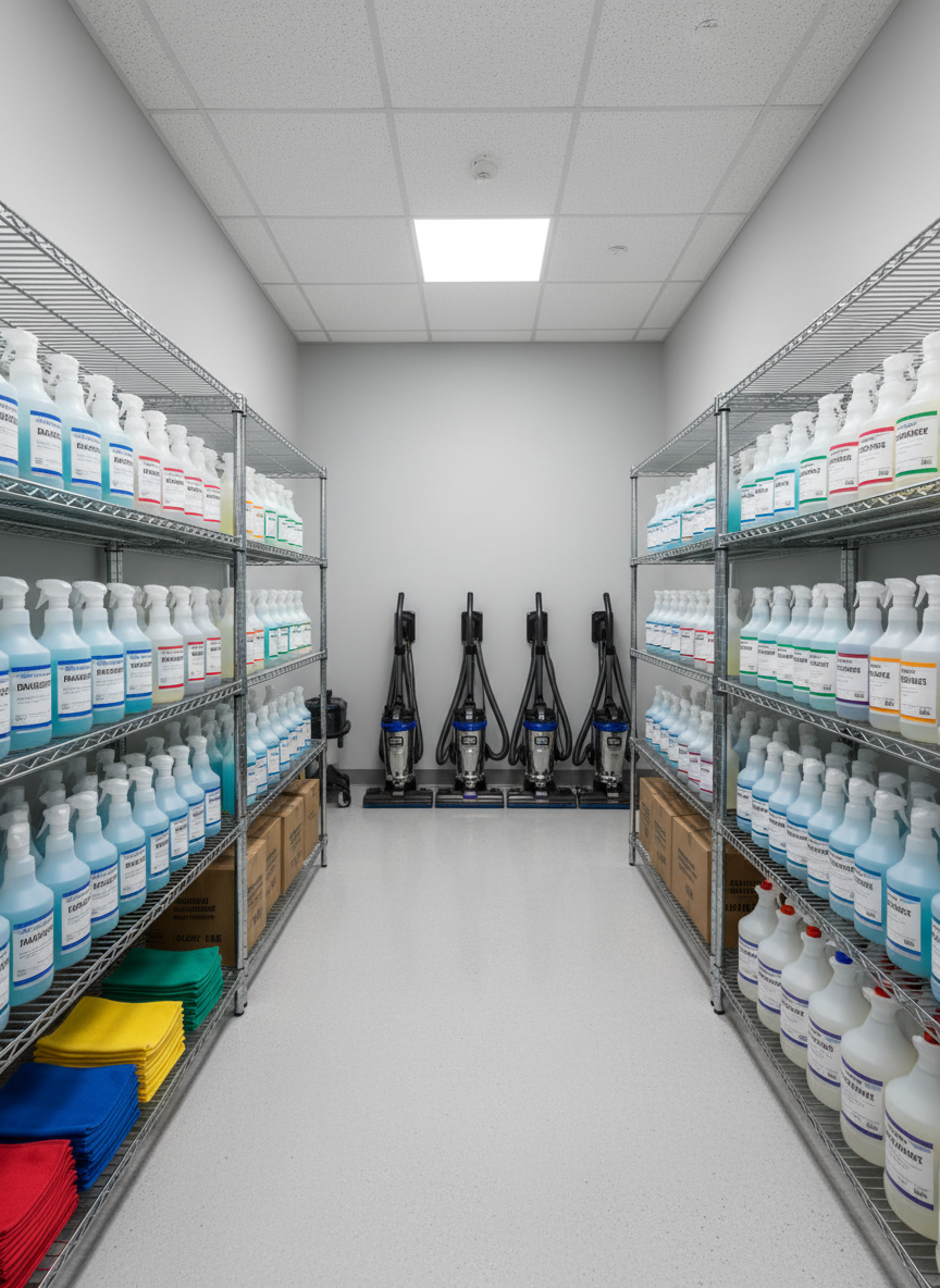A neatly arranged janitorial supply room dedicated to commercial cleaning, with open metal shelving units lined with labeled disinfectant bottles, neatly stacked microfiber cloths in different colors, sealed boxes of gloves, and upright commercial vacuums docked along one wall. The epoxy-coated floor is spotless and lightly reflective, while the walls are painted in a clean, light gray. Bright, neutral overhead LED lighting ensures every corner is evenly lit, with minimal shadows. Captured in photographic realism at eye level with sharp focus across the frame, the image exudes organization, reliability, and the behind-the-scenes professionalism that supports consistently spotless business spaces.