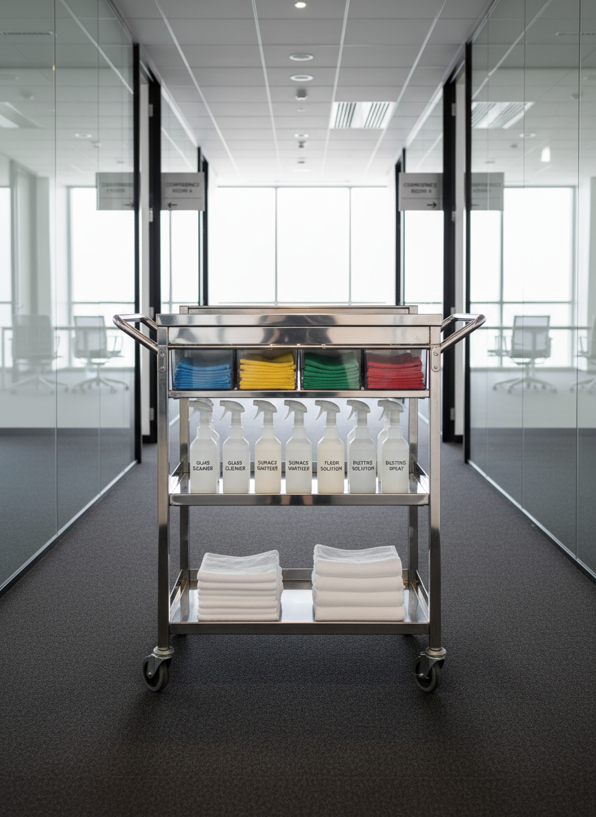 A gleaming stainless-steel commercial cleaning cart neatly organized with color-coded microfiber cloths, labeled spray bottles, and stacked white towels, parked in the middle of a spotless modern office corridor. The corridor features glass partition walls, a matte charcoal carpet, and minimalist signage leading to conference rooms. Soft, diffused daylight pours in from large windows at the far end, creating gentle reflections on the polished metal surfaces and subtle shadows along the floor. Photographic realism at eye level, with sharp focus on the cart and a slightly blurred background, conveys professionalism, precision, and trustworthiness in a clean, modern corporate environment.