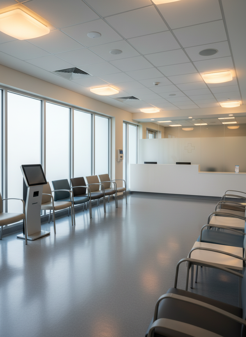 A meticulously cleaned medical office waiting room with flawless vinyl flooring, disinfected armchairs upholstered in muted blues and grays, and a clutter-free reception counter. Every surface, including low tables and a sleek check-in kiosk, appears sanitized and streak-free. Soft, diffused natural light filters through frosted windows, complemented by warm ceiling panels, creating a calm yet clinical atmosphere. Photographic realism from a wide-angle perspective showcases the entire space with sharp clarity, emphasizing hospital-grade cleanliness, safety, and professionalism ideal for healthcare-focused commercial cleaning services.